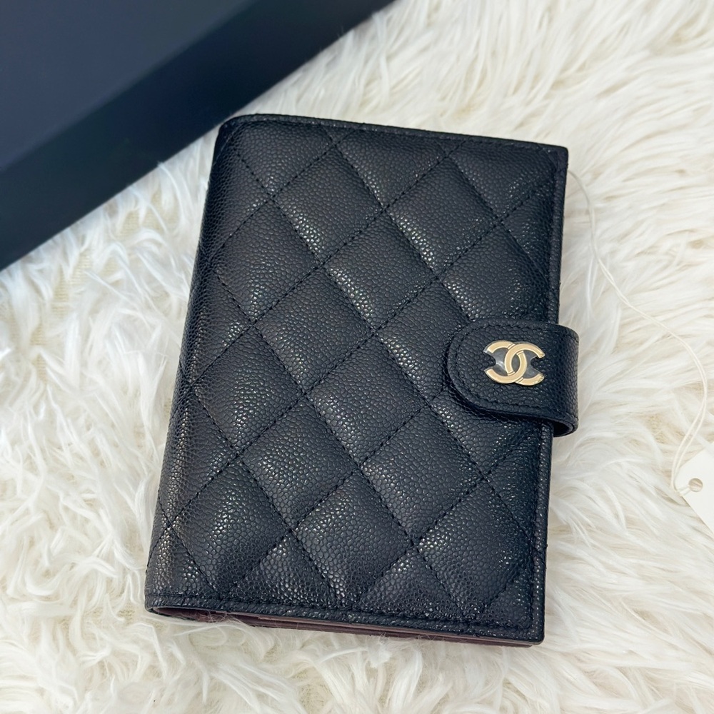 CHANEL Black Quilted Caviar Leather Wallet with Gold CC Logo